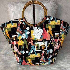 Neiman Marcus Multicolor Tote with Wooden Handles
